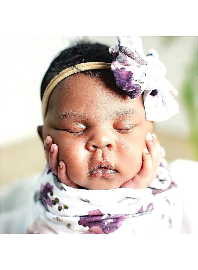 BxuanW Baby Girl Receiving Blankets Headband Set Soft Stretchy Swaddle for Newborn (Purple) - Image 2